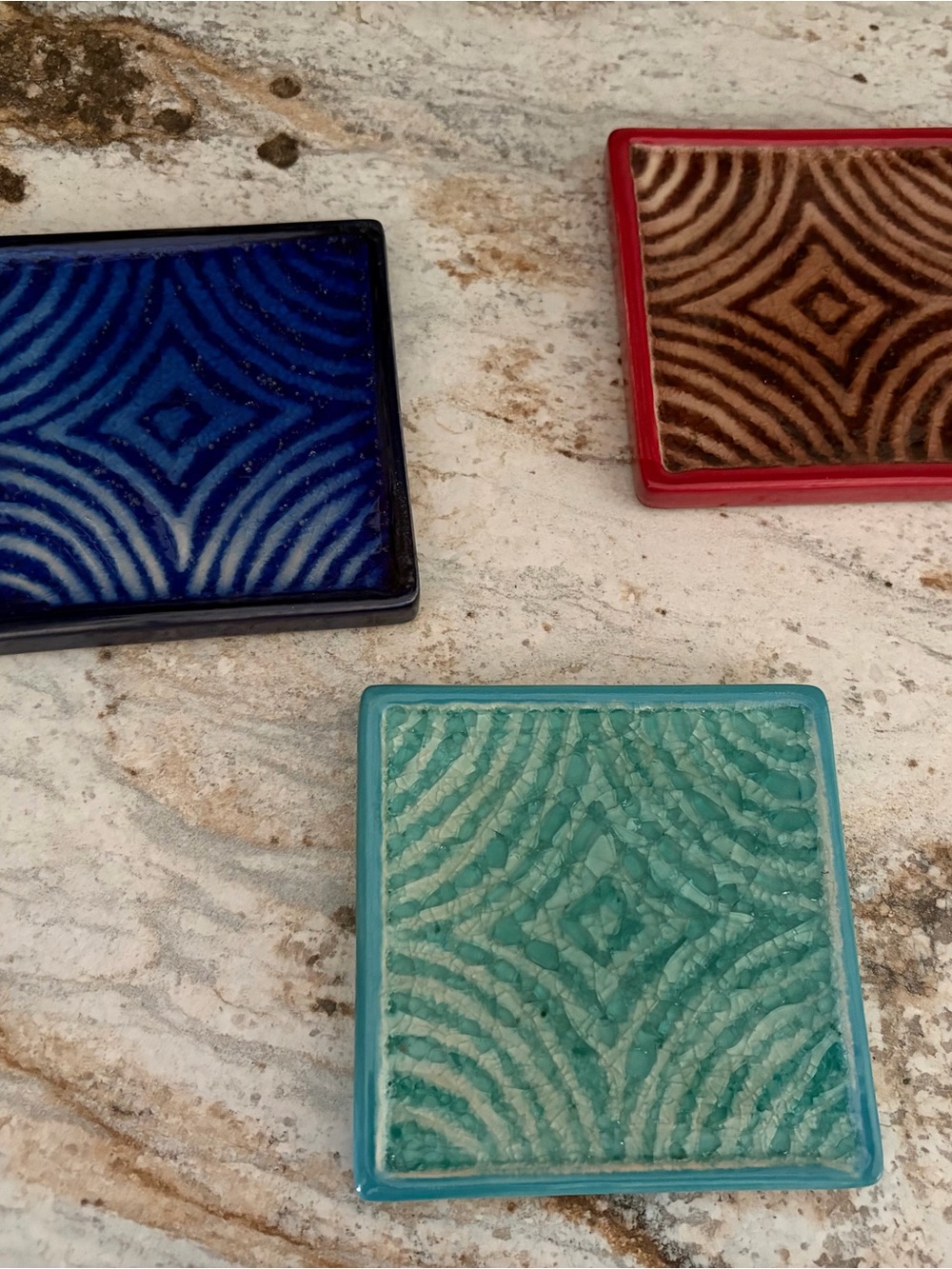 Pier 1 Blue, Teal & Red Decorative Glass Coasters